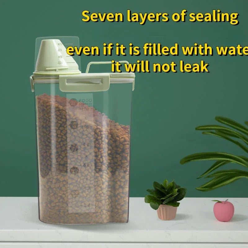Plastic Dog and Cat Food Storage Container with Measuring Cup - Moisture-Proof, Sealed Pail for Pet Supplies