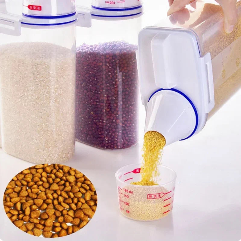 Plastic Dog and Cat Food Storage Container with Measuring Cup - Moisture-Proof, Sealed Pail for Pet Supplies