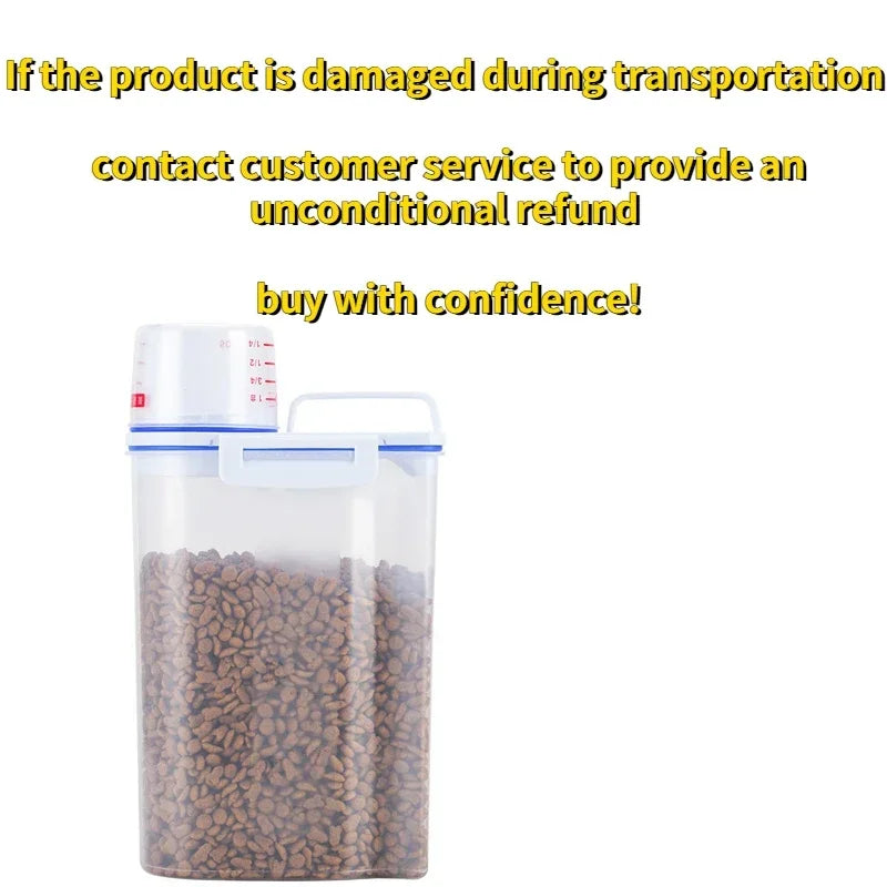 Plastic Dog and Cat Food Storage Container with Measuring Cup - Moisture-Proof, Sealed Pail for Pet Supplies