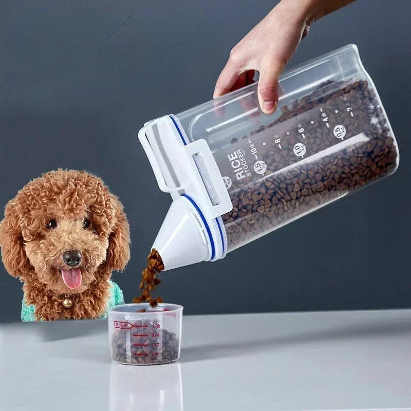 Plastic Dog and Cat Food Storage Container with Measuring Cup - Moisture-Proof, Sealed Pail for Pet Supplies